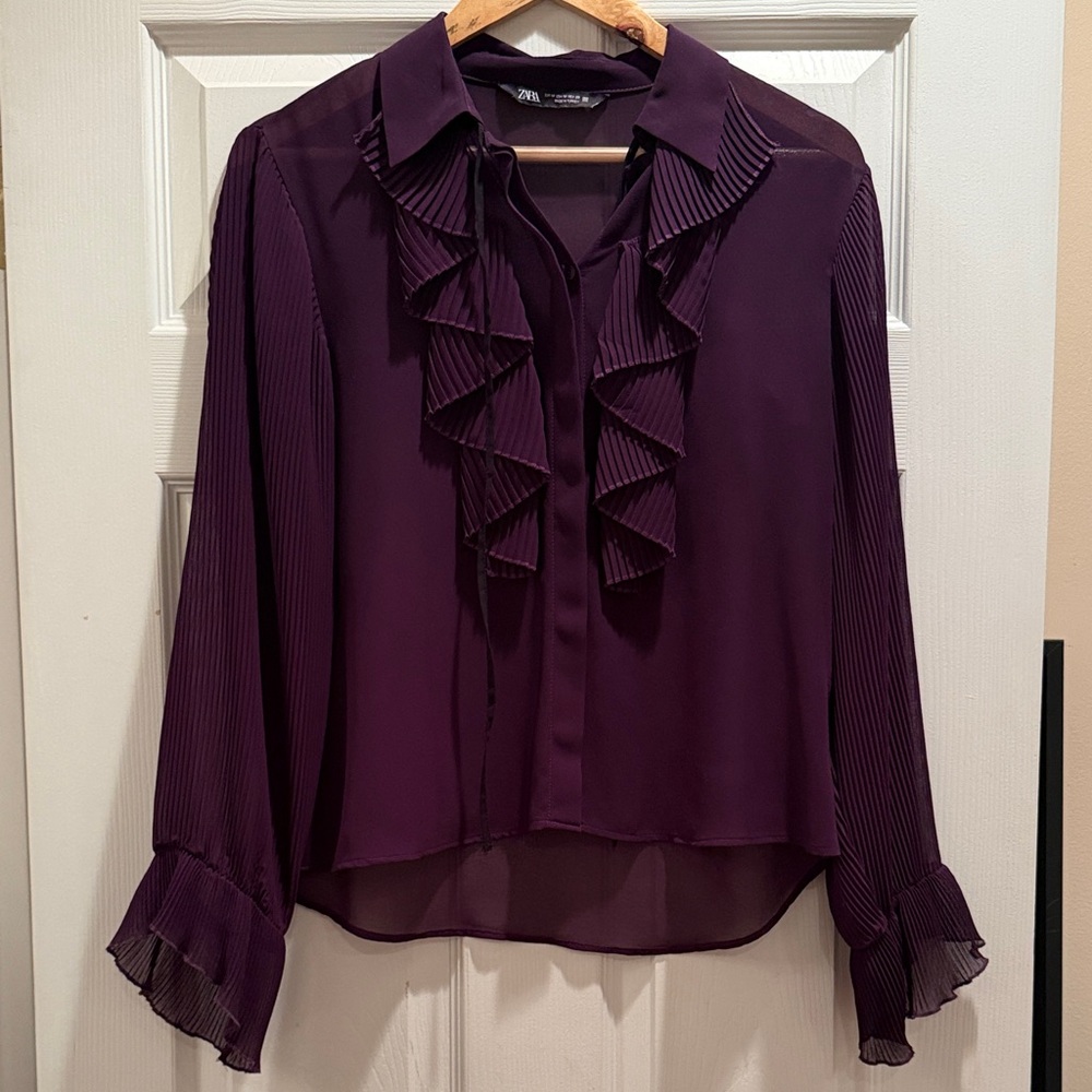 Zara Women’s Sheer Purple Ruffle Button-Front Blouse